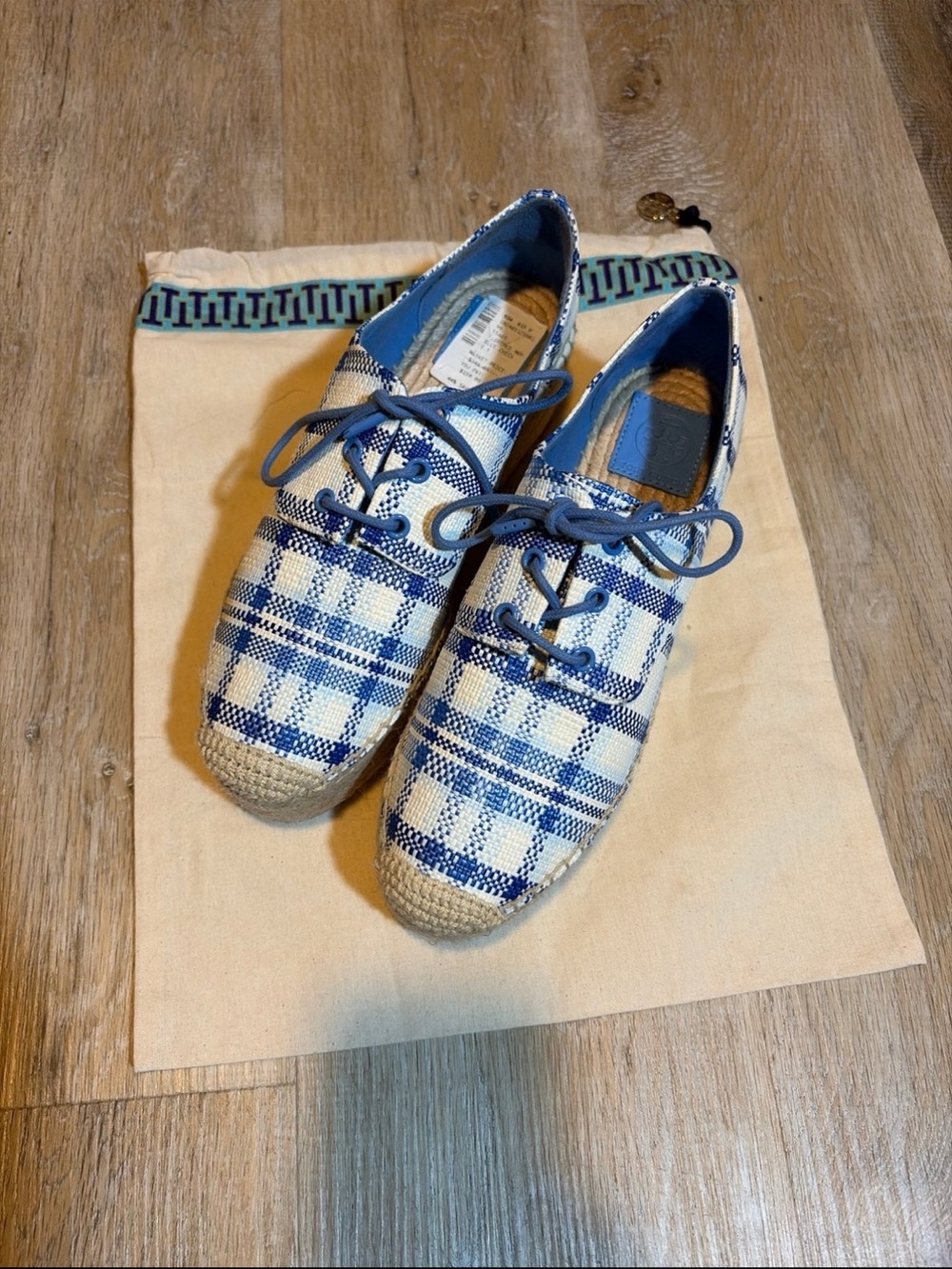 Tory Burch Blue and Cream Plaid Espadrille Lace-Up platform shoes